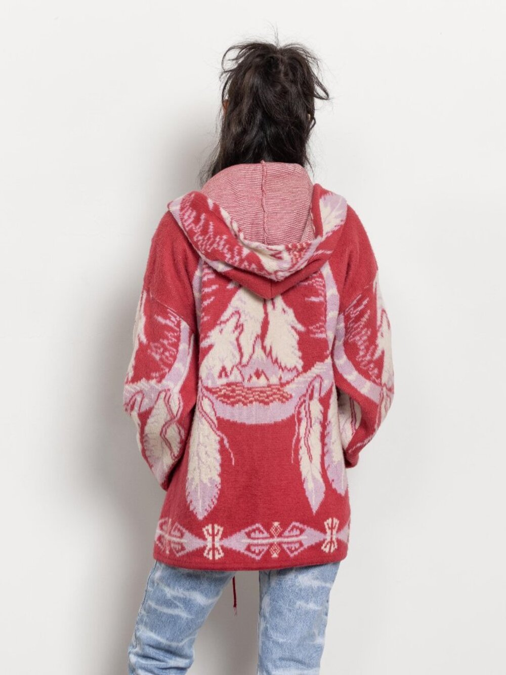 Fleece Knit Hoodie Vintage Wolves Blanket Oversize Jacket - Picture 9 of 13
